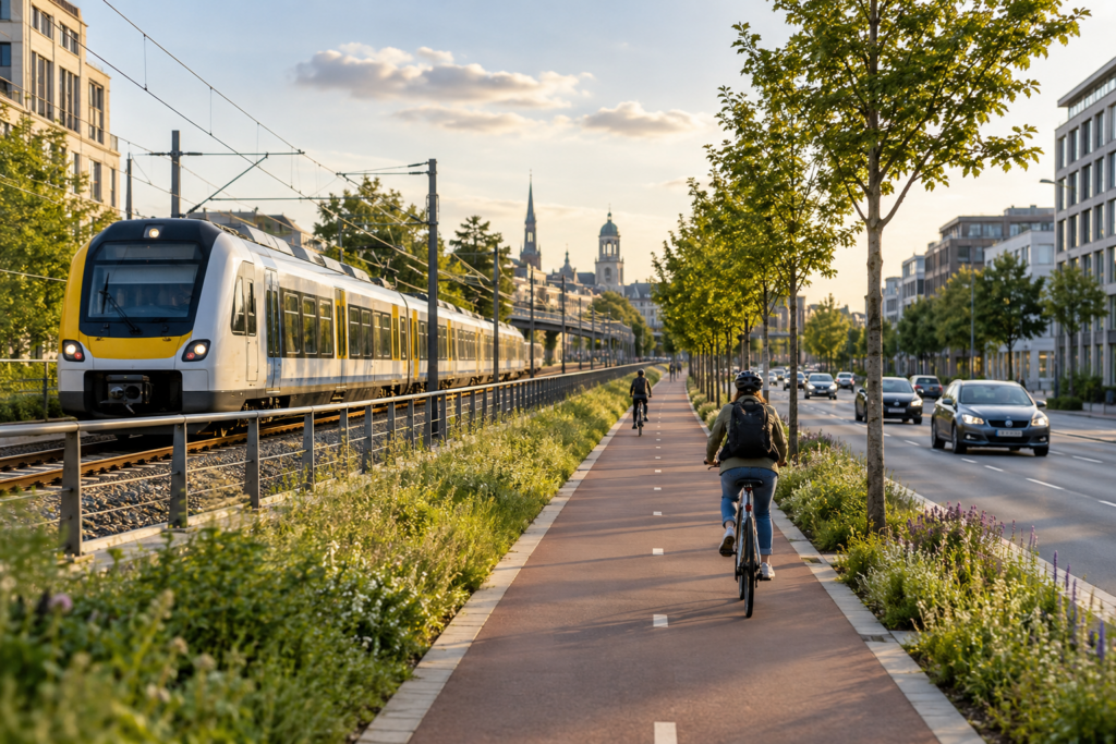 Zug, Radweg und Straße verlaufen nebeneinander in einer fiktiven Stadtszene.