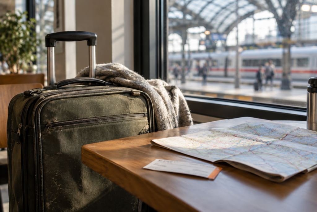 Reisekoffer und aufgefaltete Karte an einem Bahnhof.