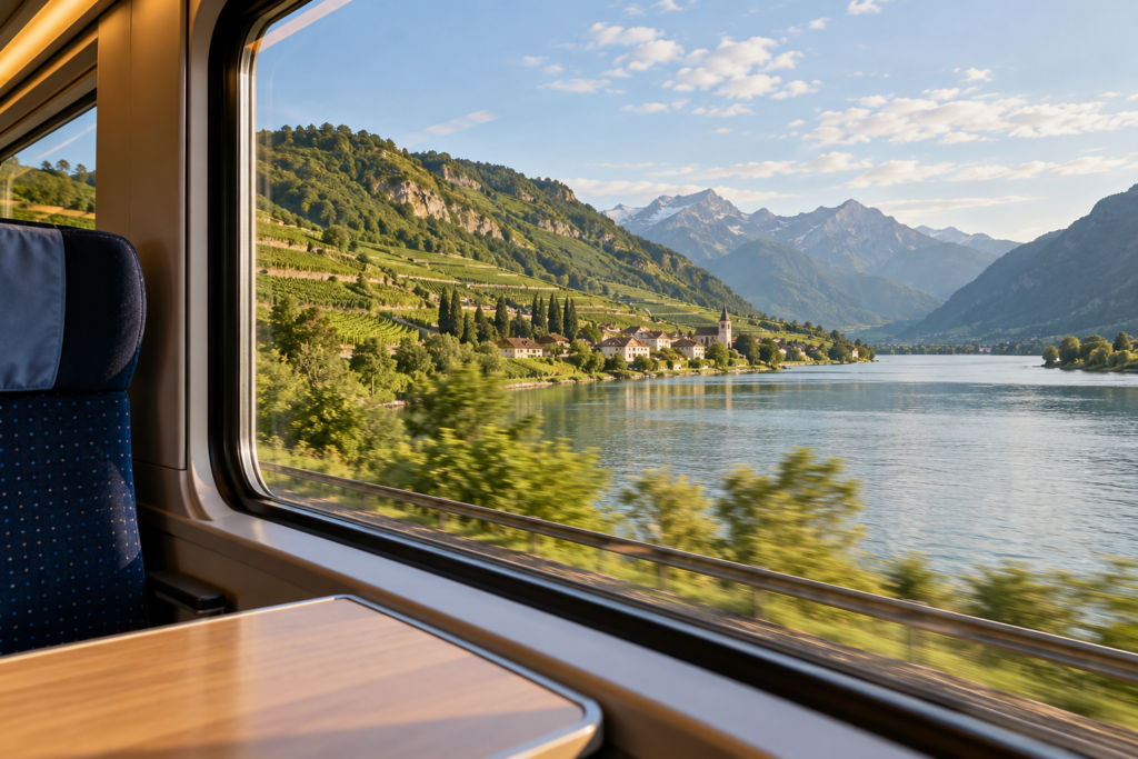 Blick aus einem Zugfenster auf eine fiktive Landschaft mit See und Bergen.