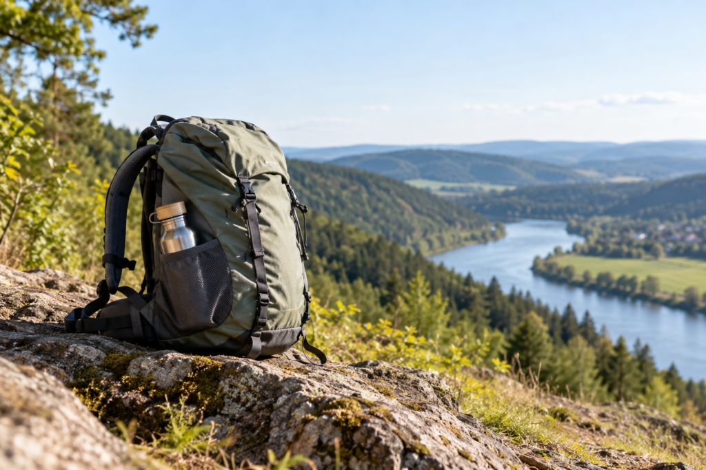 Ein Tagesrucksack mit Trinkflasche steht an einem Aussichtspunkt über einer fiktiven Flusslandschaft.