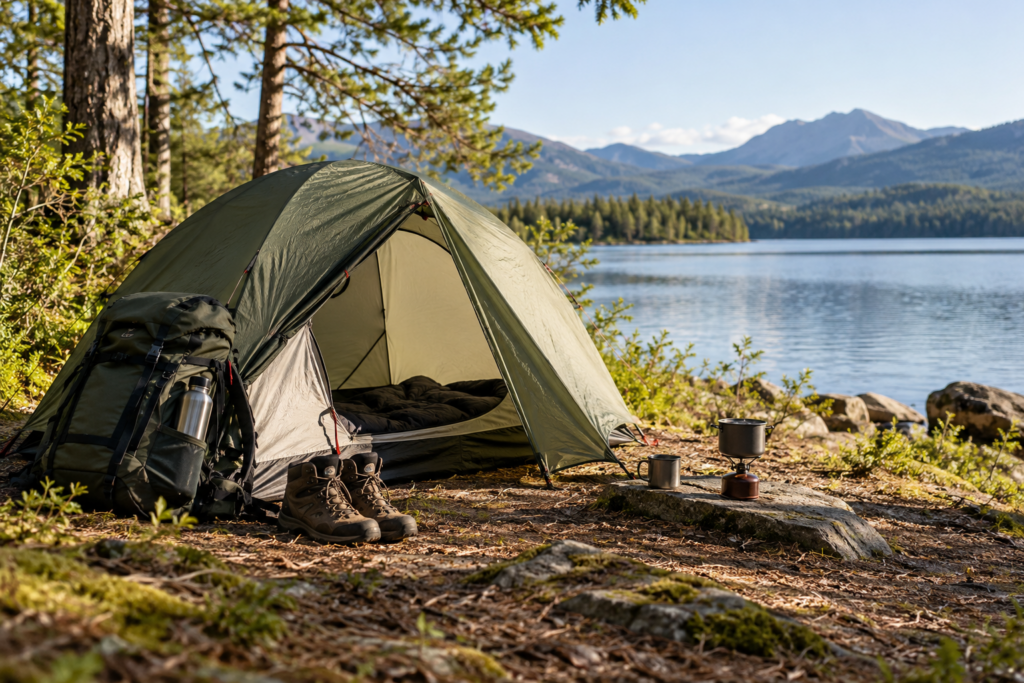 Ein Zelt, ein Rucksack und wenige Campingutensilien stehen in einer fiktiven Landschaft am See.