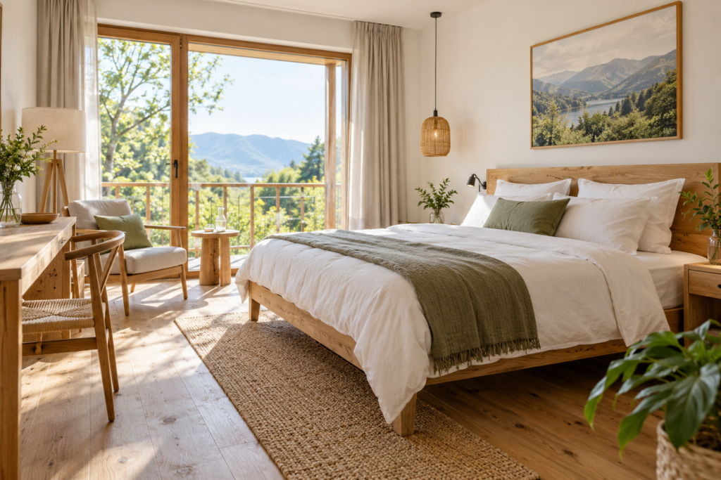 Ein fiktives Gästezimmer mit Holzmöbeln und einem großen Fenster zeigt keine Umweltzeichen oder Zertifikate.