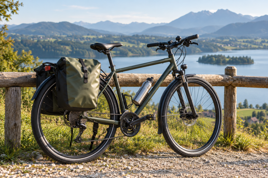 Ein Tourenfahrrad mit Packtaschen am hinteren Gepäckträger steht an einem Geländer vor einer fiktiven Landschaft.
