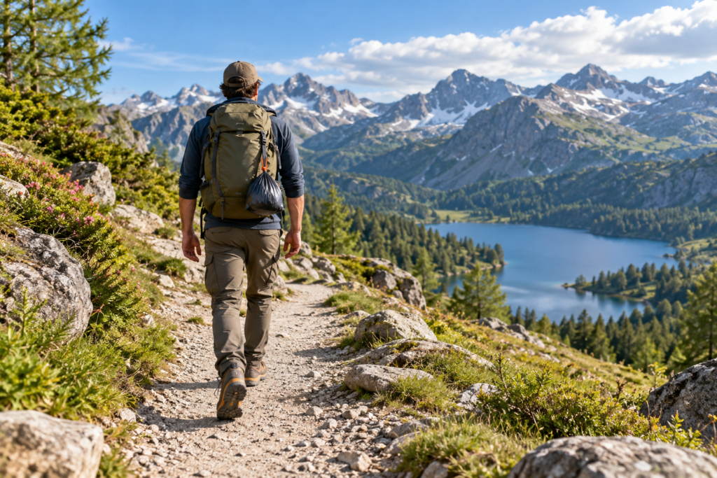 Ein fiktiver Wanderer mit verschlossenem Abfallbeutel am Rucksack geht auf einem erkennbaren Wanderweg.