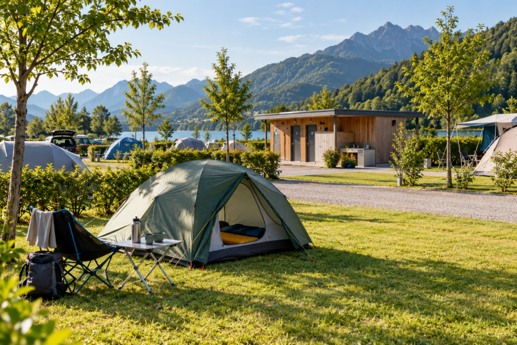 Ein Zelt steht auf einer eingerichteten Campingparzelle; weitere Zelte und ein Sanitärgebäude sind sichtbar.