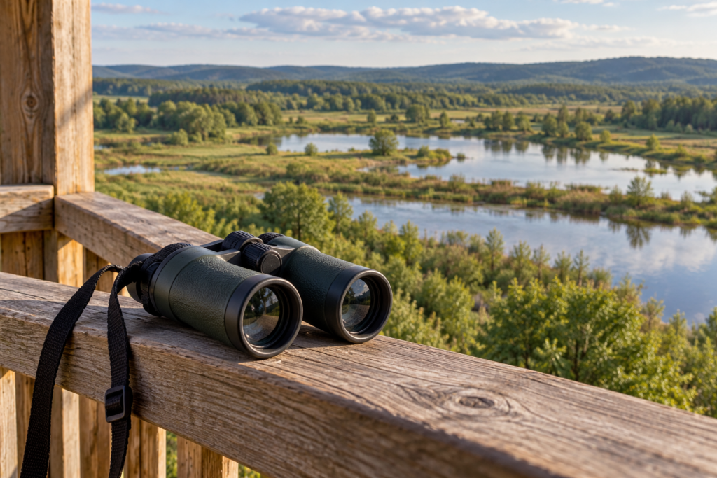 Fernglas auf dem Holzgeländer einer Aussichtsplattform vor einer fiktiven Feuchtgebietslandschaft.