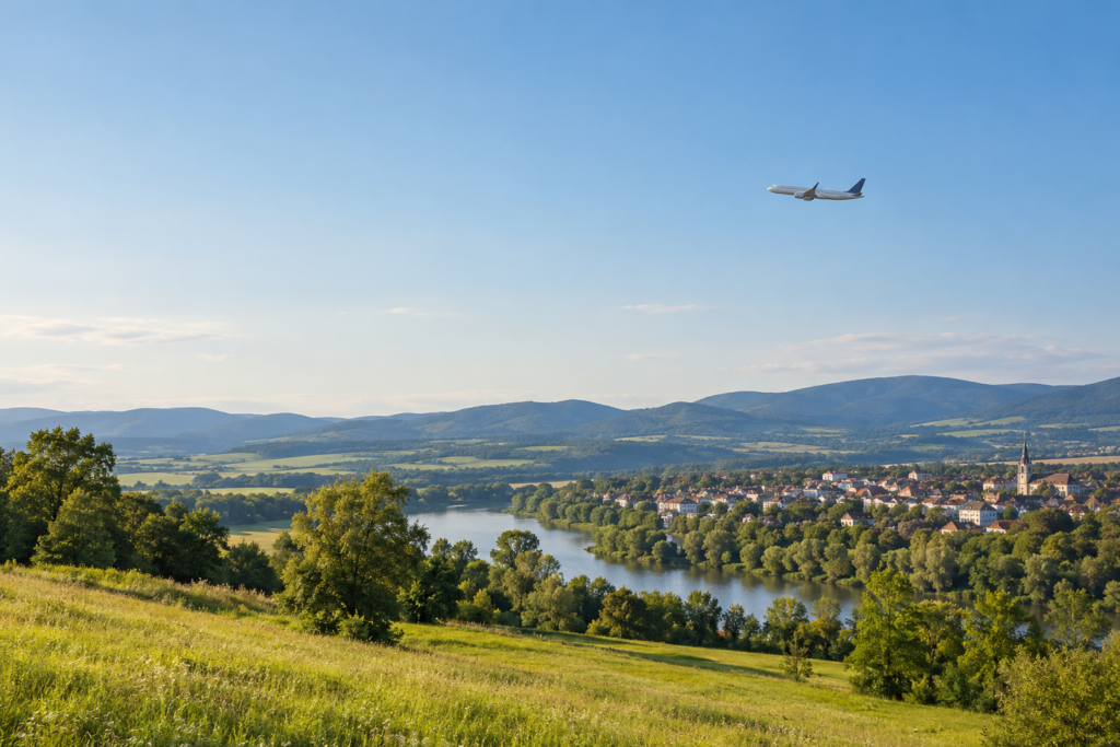 Kleines Passagierflugzeug am Himmel über einer fiktiven grünen Landschaft mit Ortschaft.