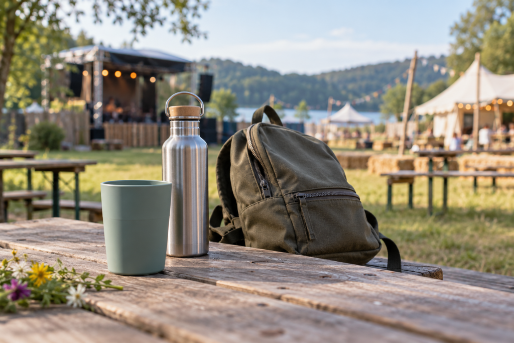 Mehrwegbecher, Trinkflasche und kleiner Rucksack vor einer fiktiven unscharfen Festivalbühne.