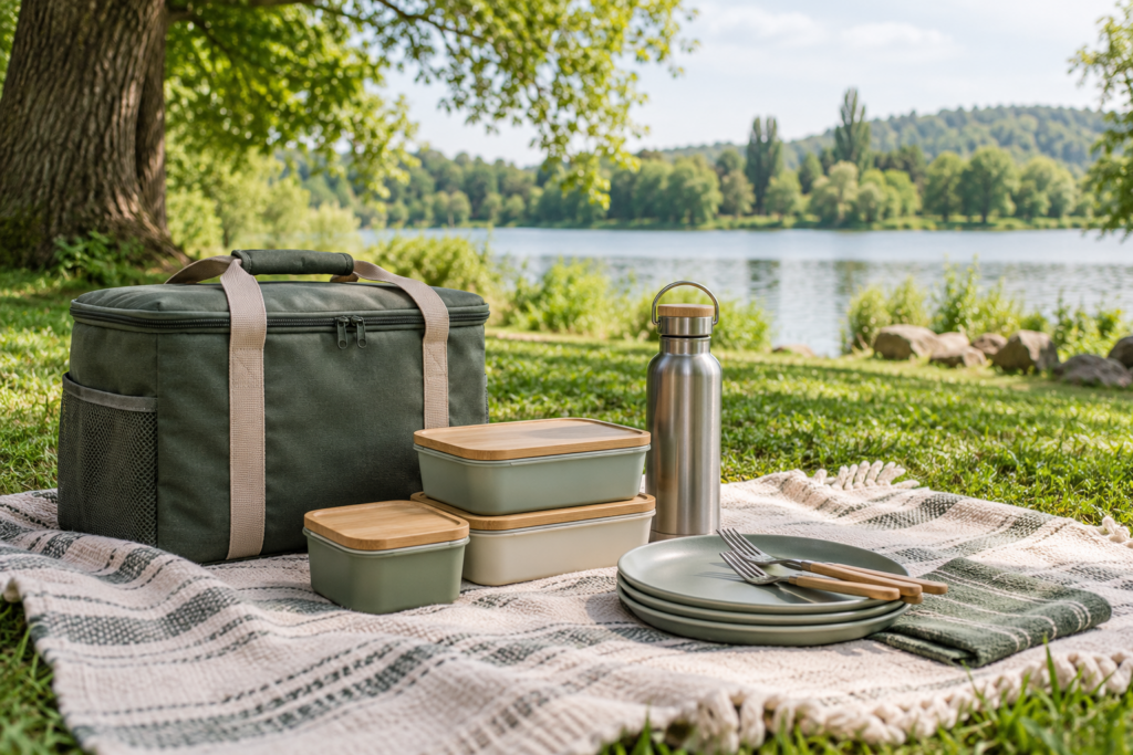 Geschlossene Lebensmittelboxen, Mehrweggeschirr und Kühltasche auf einer Picknickdecke im Park.