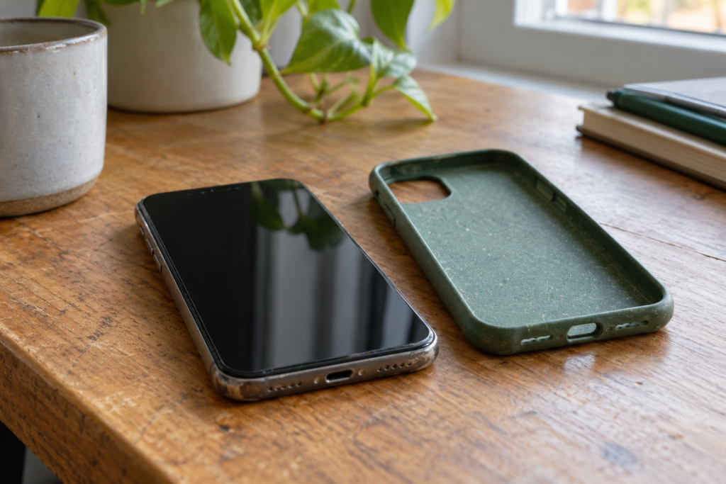 Gebrauchtes Smartphone neben passender Schutzhülle.
