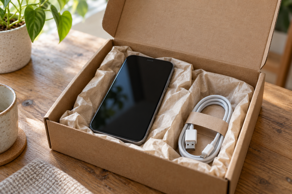 Smartphone mit ausgeschaltetem Bildschirm und Kabel in einer schlichten gepolsterten Kartonverpackung.