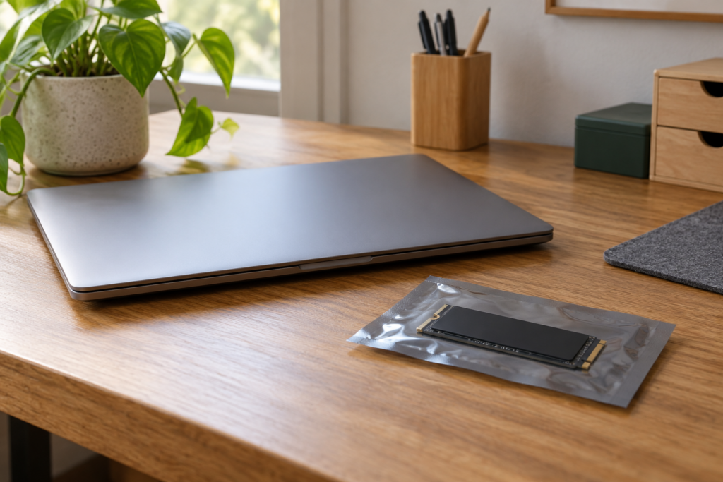 Geschlossener gebrauchter Laptop neben einem verpackten SSD-Ersatzteil auf einem Schreibtisch.