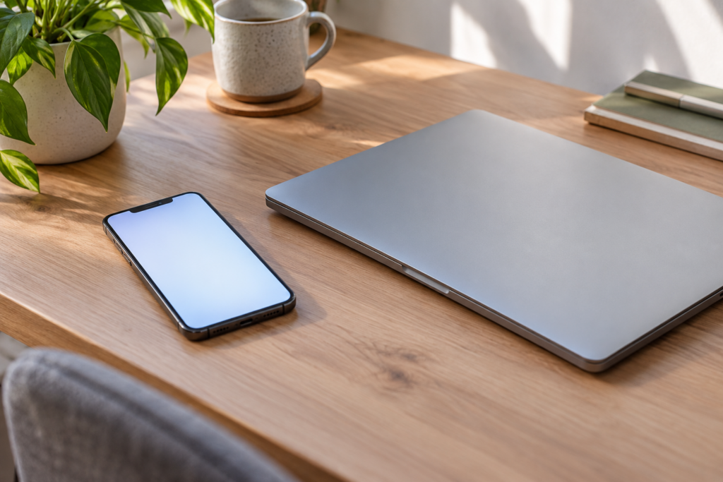 Smartphone mit heller neutraler Bildschirmfläche neben einem geschlossenen Laptop auf einem Schreibtisch.
