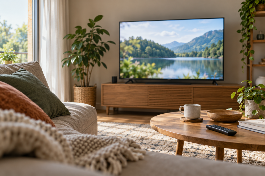 Wohnzimmer mit Sofa, Fernbedienung und Fernseher, der eine Landschaft mit See und Bergen zeigt.