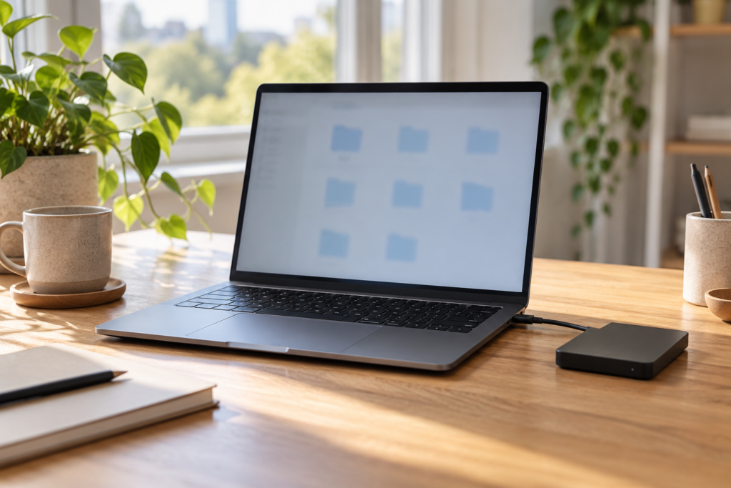 Geöffneter Laptop mit unscharfen Ordnersymbolen und angeschlossenem externem Laufwerk auf einem Schreibtisch.