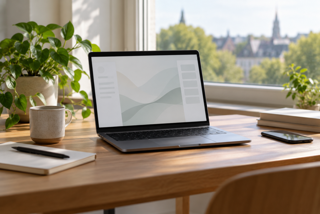 Geöffneter Laptop mit abstrakter neutraler Bildschirmoberfläche an einem hellen Arbeitsplatz am Fenster.