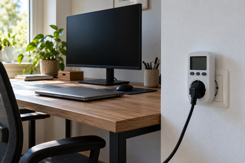 Steckdosenmessgerät mit dunkler Anzeige vor einem Arbeitsplatz mit ausgeschaltetem Monitor und geschlossenem Laptop.
