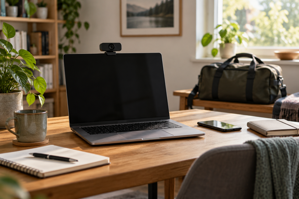 Laptop mit dunklem Bildschirm und Webcam auf einem Schreibtisch, im Hintergrund eine geschlossene Reisetasche.