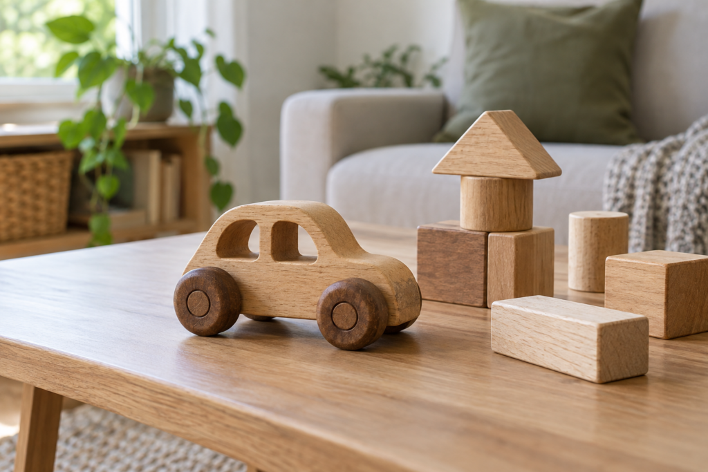Gebrauchtes Holzauto und mehrere große Holzbausteine auf einem niedrigen Tisch.
