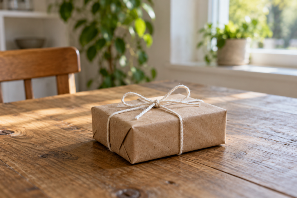 Ein einzelnes in braunes Papier eingewickeltes Geschenk mit heller Schnurschleife auf einem Holztisch.
