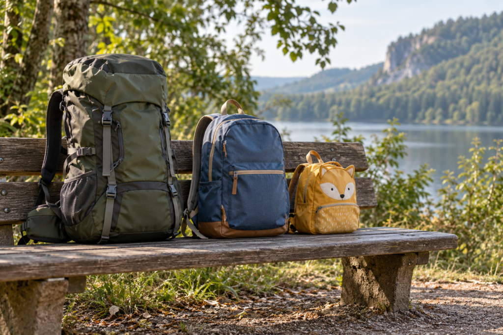 Drei unterschiedlich große Rucksäcke auf einer Holzbank an einem See, darunter ein kleiner gelber Kinderrucksack.