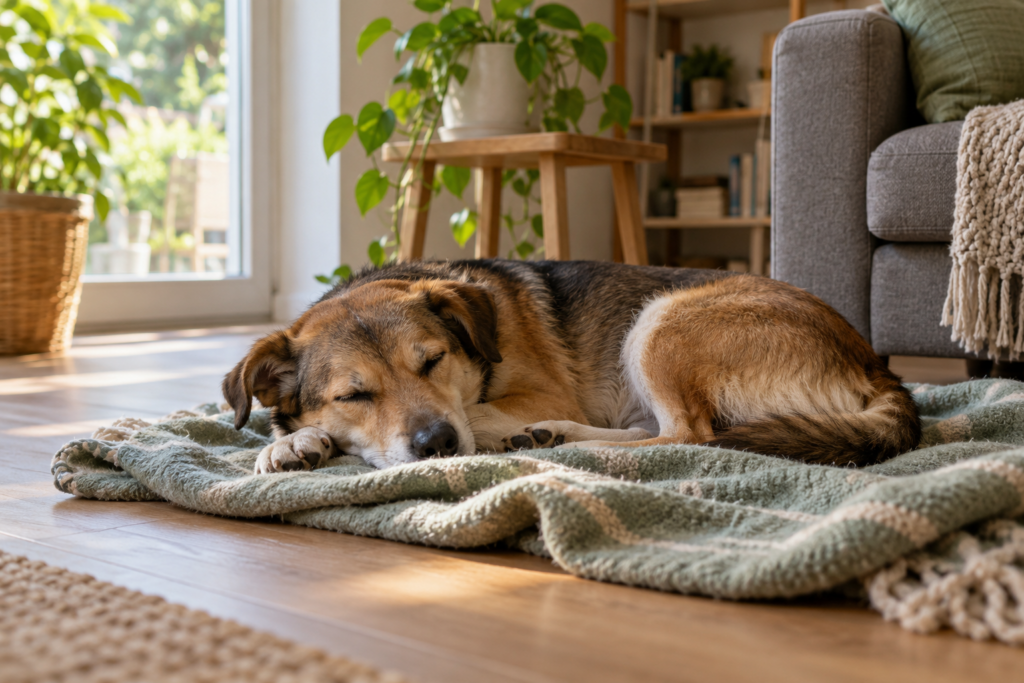 Schlafender braun-schwarzer Hund auf einer gebrauchten hellgrünen Decke neben einem Sofa.