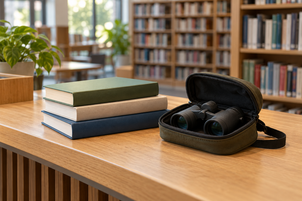 Drei geschlossene Bücher mit unbeschrifteten Einbänden neben einem Fernglas im geöffneten Etui auf einem Bibliothekstresen.