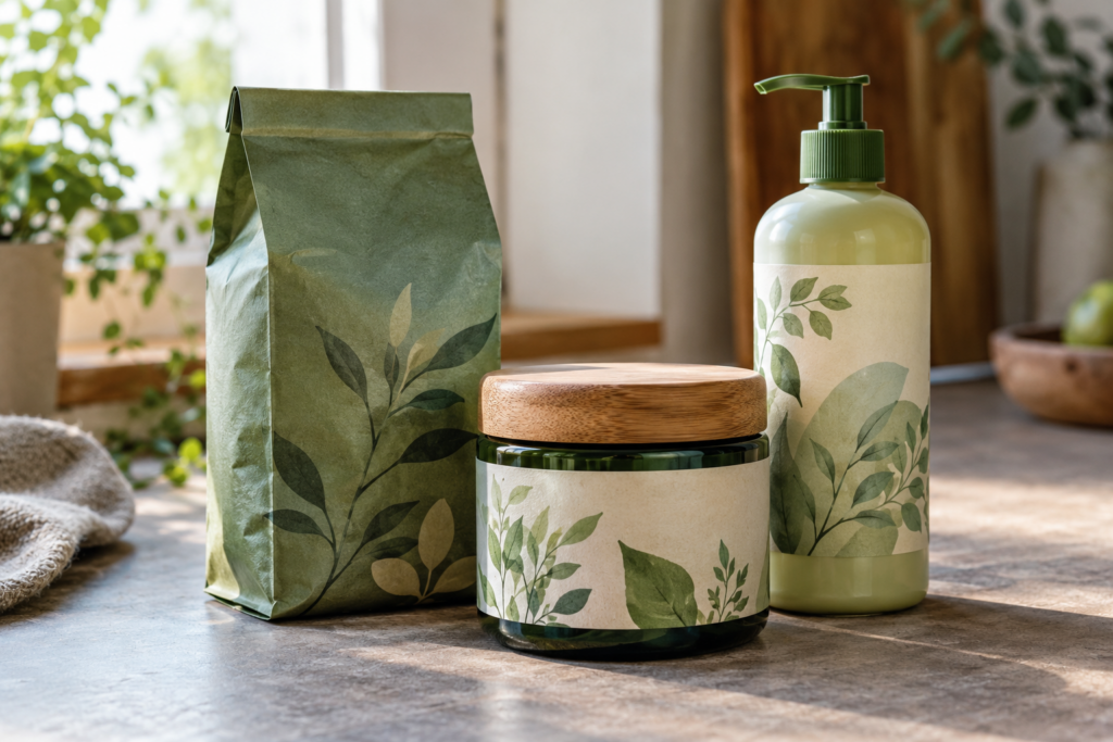 Neutrale grün gestaltete Produktverpackungen ohne Marken.