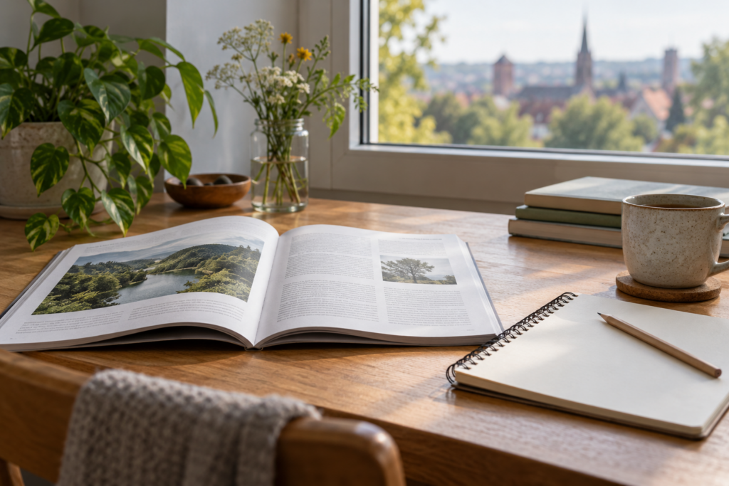 Aufgeschlagenes Druckheft mit unleserlichem Text und Landschaftsbildern neben einem leeren Notizbuch und Bleistift.