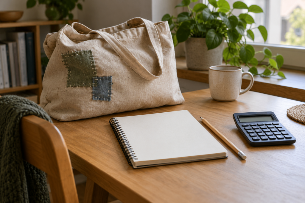 Helle Stofftasche mit zwei sichtbaren Flicken neben leerem Notizbuch, Bleistift und Taschenrechner mit leerer Anzeige.
