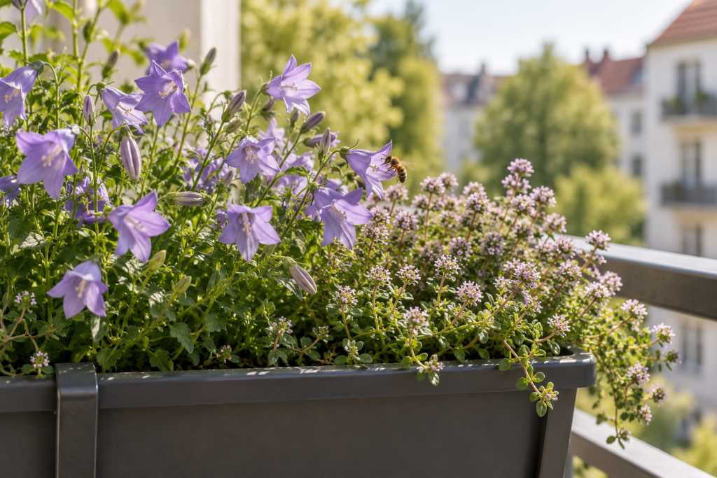 Balkonkasten mit violetten Glockenblumen und blühendem Thymian; eine Biene besucht eine Blüte.