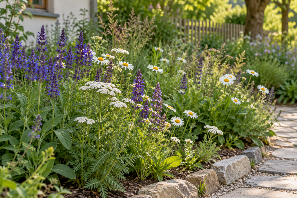 Staudenbeet mit violetten Blütenständen, weißen Dolden und Margeriten entlang eines steinernen Gartenwegs.