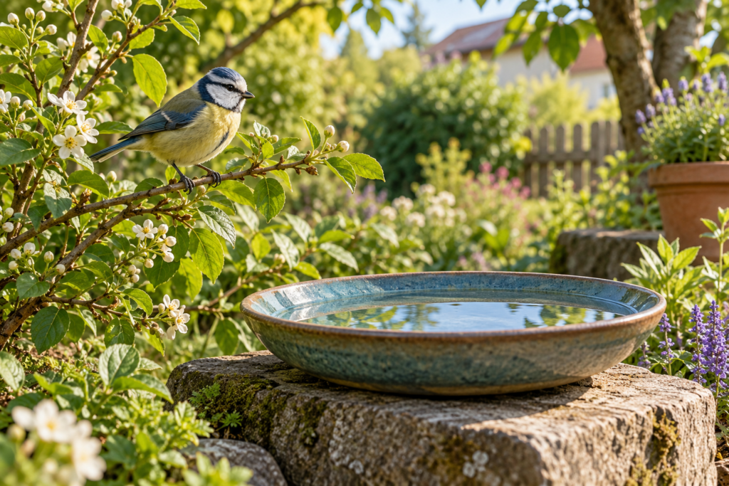 Kleiner blau-gelber Vogel auf einem Zweig neben einer flachen Wasserschale auf einem Stein.