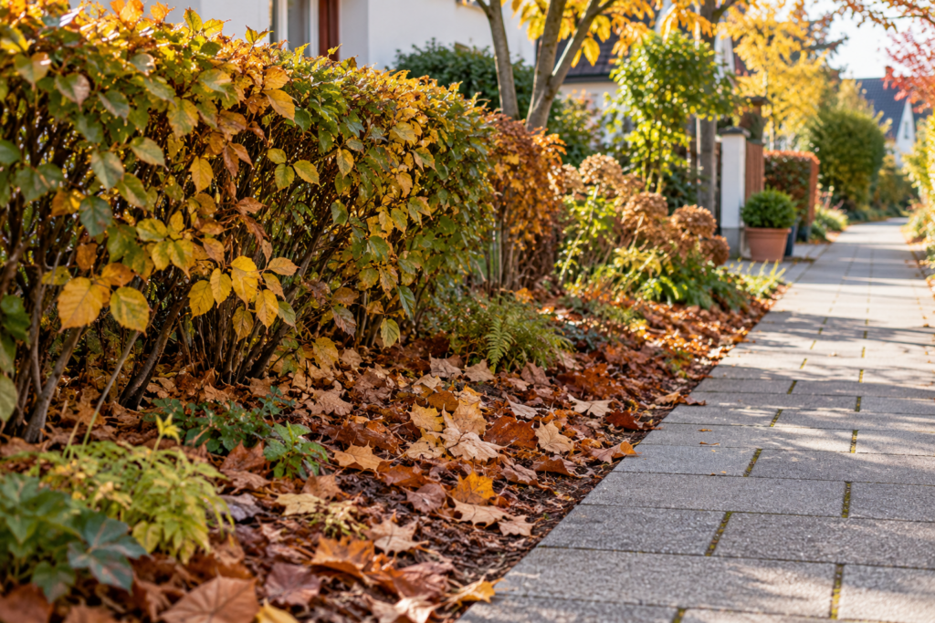 Herbstlaub unter einer Hecke neben einem weitgehend frei gekehrten gepflasterten Gehweg.