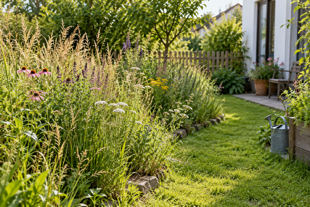 Höhere Gräser und blühende Pflanzen neben einem kurz gemähten Gartenweg.