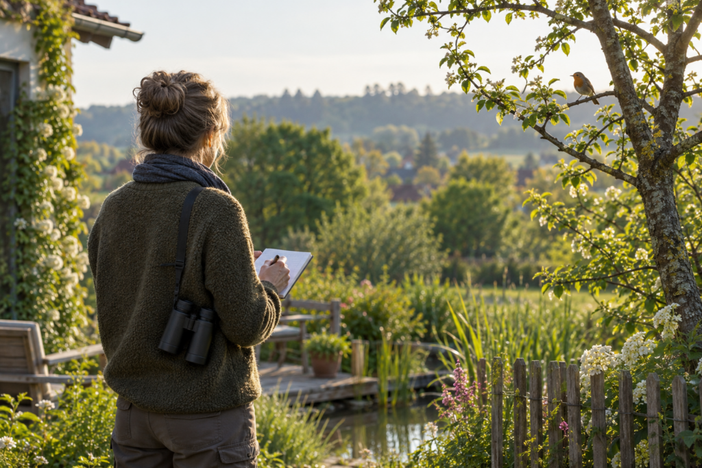 Von hinten gesehene Person mit Fernglas notiert eine Vogelbeobachtung in einem kleinen Heft.